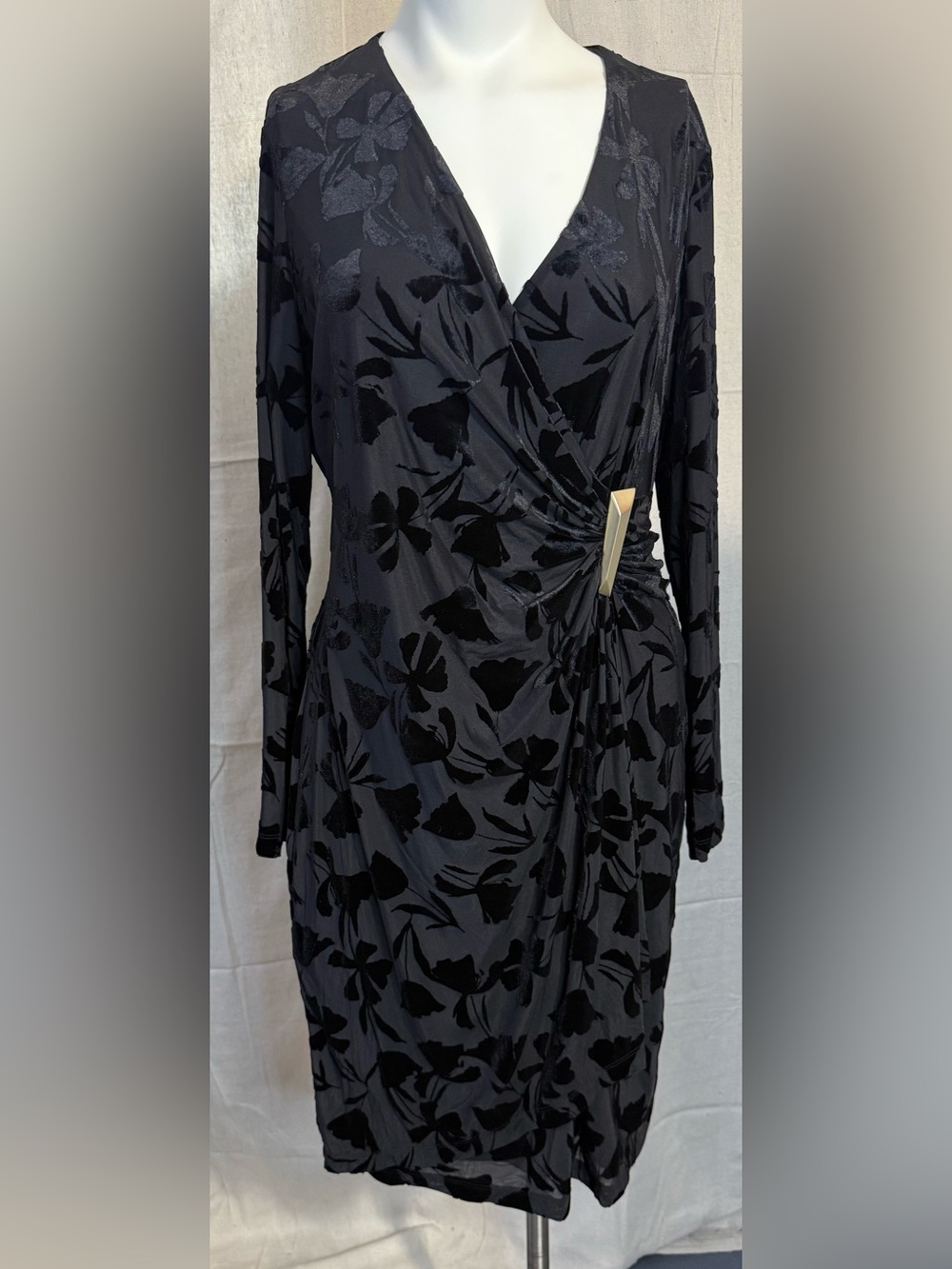 Calvin Klein Black Floral Velvet Burnout Wrap Dress PTP 22
